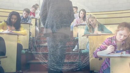 Canvas Print - Globe of network of connections over male caucasian teacher and diverse group of students at college