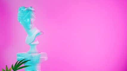 Still life copy space, bust of an antique Venus statue with modern lighting pink blue tint ,