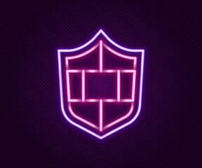 Sticker - Glowing neon line Shield with cyber security brick wall icon isolated on black background. Data protection symbol. Firewall. Network protection. Colorful outline concept. Vector