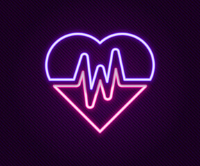 Poster - Glowing neon line Heart rate icon isolated on black background. Heartbeat sign. Heart pulse icon. Cardiogram icon. Colorful outline concept. Vector