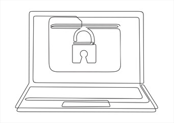 Wall Mural - continuous one single line drawing of laptop with folder and padlock on screen. Protected folder. Personal information, data, lock, password, pin code, file. Privacy concept. 