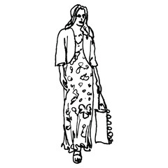 Wall Mural - Walking young woman in long summer dress and bolero jacket holding bag. Hand drawn linear doodle rough sketch. Black silhouette on white background.