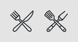 BBQ utensils icons set. Crossed fork and knife, spatula and grill fork icons isolated on grey background. Icons for web design, app interface. Vector illustration
