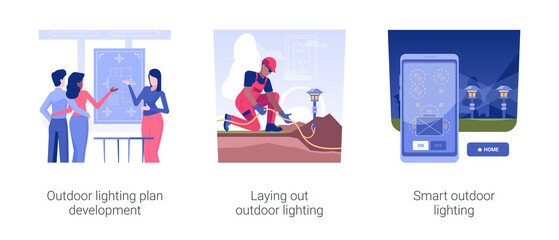 Wall Mural - outdoor landscape lighting isolated concept vector illustration set. outdoor lighting plan developme