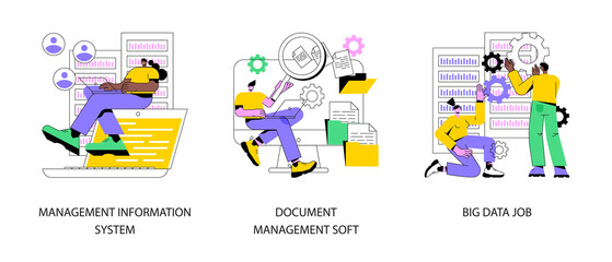 Information collection and analysis abstract concept vector illustration set. Management information system, document management soft, big data job, sharing online, visualization abstract metaphor.