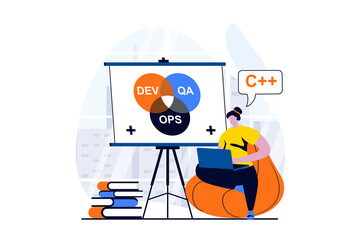 Poster - DevOps concept with people scene in flat cartoon design. Woman coding and programming apps or programs while manager optimize effective work process i team. Vector illustration visual story for web