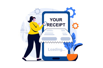 Aufkleber - Electronic receipt concept with people scene in flat cartoon design. Woman receives bill and pays online using mobile phone. Banking services and transfers. Vector illustration visual story for web