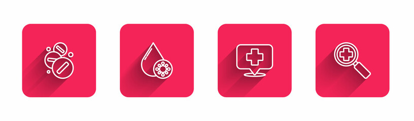 Wall Mural - Set line Medicine pill or tablet, Blood test and virus, Map pointer with cross hospital and Magnifying glass for search medical with long shadow. Red square button. Vector