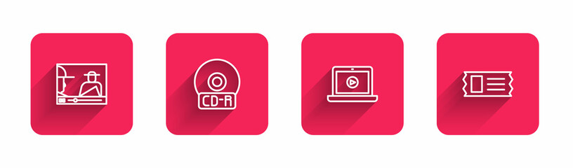 Sticker - Set line Online play video, CD or DVD disk, and Cinema ticket with long shadow. Red square button. Vector