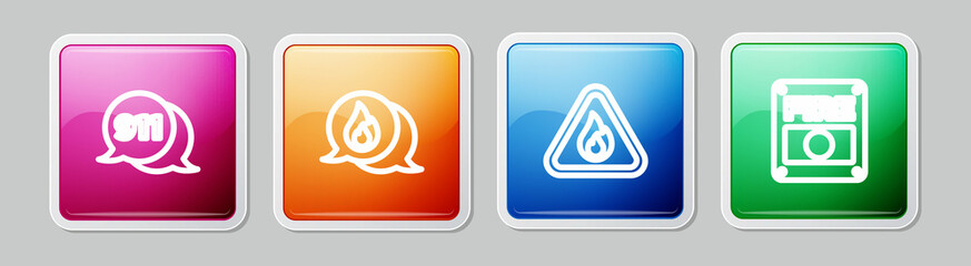 Sticker - Set line Telephone call 911, , Fire flame in triangle and alarm system. Colorful square button. Vector