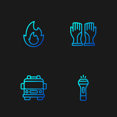 Sticker - Set line Flashlight, Fire truck, flame and Firefighter gloves. Gradient color icons. Vector