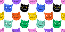 Funny Cat Animal Cartoon Seamless Pattern In Colorful Flat Illustration Style. Cute Kitten Pet Background, Diverse Domestic Cats Wallpaper.