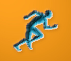 Realistic 3D paper cut man running illustration. Layered colorful male run pose silhouette cutout for sport race, healthy lifestyle or jog workout concept.