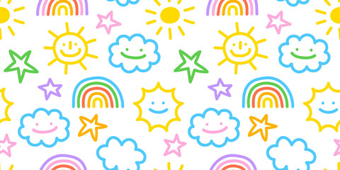 Wall Mural - colorful funny sky doodle seamless pattern. cute happy clouds in simple children art style backgroun