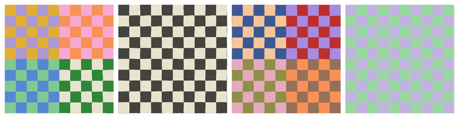 Colorful trendy checker board square seamless pattern collection. Set of geometric pastel square background in vintage 90s style. 