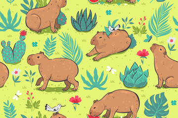 Wall Mural - Seamless pattern with cute capybaras. Vector graphics.
