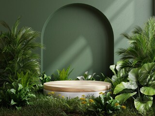 Wall Mural - Wooden podium in tropical forest for product presentation and green background.