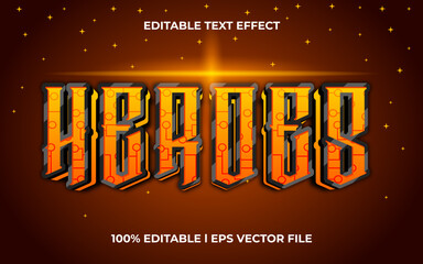 heroes 3d text effect with cyber theme. orange typography template for modern tittle