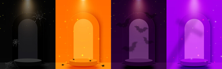 Set of Halloween scene background with 3d circle podium stage for product display, show base.