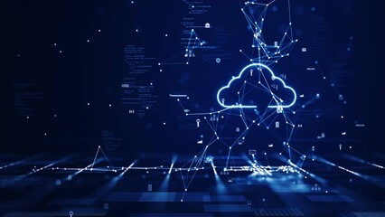 Wall Mural - Cloud and edge computing technology concept with cybersecurity data protection system. Three large cloud icons stand out on the right. polygon connection slow motion small icon on dark blue background