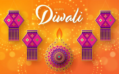 Happy diwali, deepavali the indian festival celebration on color background.