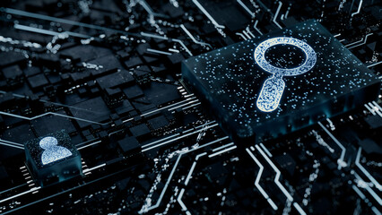 Search Technology Concept with Magnifier symbol on a Microchip. White Neon Data flows between the CPU and the User across a Futuristic Motherboard. 3D render.