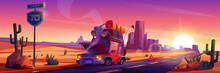 Broken Car On Road In Desert At Sunset. Vector Cartoon Illustration Of Accident, Breakdown In Trip. Desert Landscape With Highway And Auto With Luggage On Roof And Smoke From Open Hood