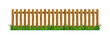 Brown wooden picket fence with green grass isolated on white background. Vector realistic illustration of farm or garden barrier from wood boards on field, meadow or lawn