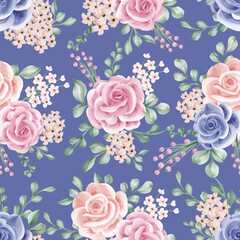 Wall Mural - seamless pattern of flower blue and pink rose