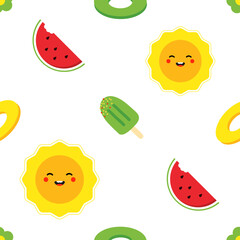 Wall Mural - Cute cartoon style vector seamless pattern background with smiling sun character, watermelon, ice cream and colorful tubes for summer vacation design.
