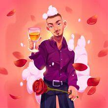 Romantic Card With Handsome Young Man With Wine Glass And Red Rose. Vector Cartoon Illustration Of Male Character In Purple Shirt With Foam On Head, Champagne, Flower And Falling Petals