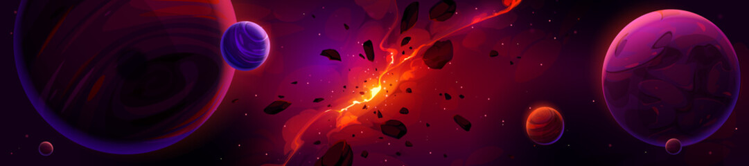 Wall Mural - Cartoon red space background with glowing galaxy nebula and flying rocks and planets in dark starry sky. Birth of new star, explode in universe. Fantasy alien world, cosmos view, Vector illustration