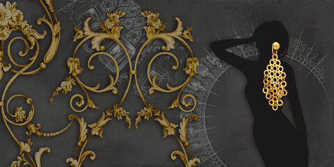 Wall Mural - Silhouette sketch of an elegant woman with jewelry on a black background. classic golden baroque leaves. Victorian monogram floral ornament. Texture background for creativity and advertising