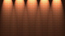 ５つのスポットライトに照らされた煉瓦の壁の背景素材　8K UHDサイズ　明るい茶色／オレンジ