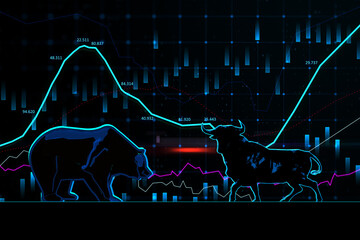 Wall Mural - Stock exchange trading concept. The bulls and bears struggle. Equity market illustration. Creative hologram and graph on dark texture. 3D Rendering.