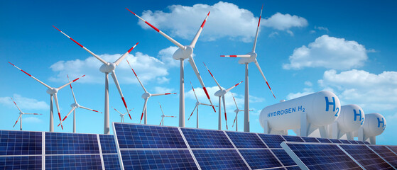 Wall Mural - Wind turbines, solar panels and hydrogen gas tanks - 3D illustration of renewable power concept