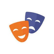 Comedy And Tragedy Theatrical Masks On Isolated White Background. Colored Vector Flat Illustration