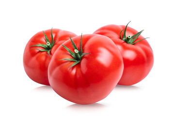 Wall Mural - Tomatoes vegetable isolated on white background. Three fresh tomatoes. Clipping path.