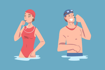 Sticker - Man and woman coaches standing in swimming pool teaching people to swim vector illustration