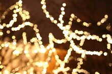 Abstract Texture Photo With Yellow Christmas Lights With Bokeh At Night