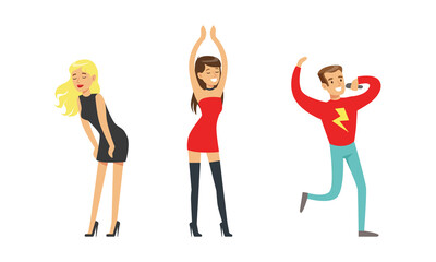 Sticker - Happy young people enjoying dance party set cartoon vector illustration