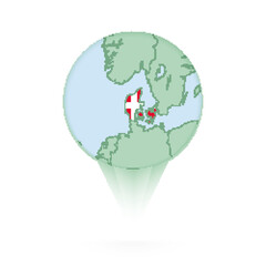 Wall Mural - Denmark map, stylish location icon with Denmark map and flag.