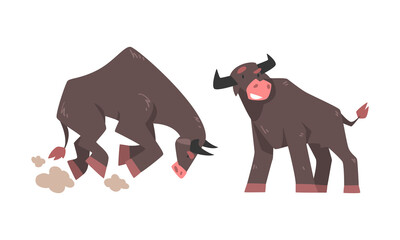 Sticker - Big furious buffalo set. Bull farm animals cartoon vector illustration