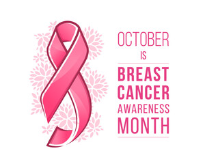 Wall Mural - october is breast cancer awareness month text and pink ribbon sign on abstract flower texture backgr