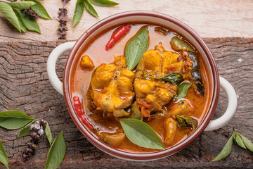 Catfish Curry. Thai food on dark background. Traditional food concept. Top View, Flat Lay, Copy Space