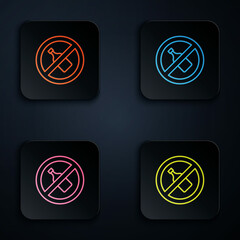 Poster - Color neon line No alcohol icon isolated on black background. Prohibiting alcohol beverages. Forbidden symbol with beer bottle glass. Set icons in square buttons. Vector