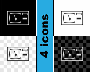 Wall Mural - Set line Computer monitor with cardiogram icon isolated on black and white, transparent background. Monitoring icon. ECG monitor with heart beat hand drawn. Vector