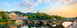 Turin, Italy. Panoramic view at sunset of the Po River, the Church of the Gran Madre, the Church of Monte dei Cappuccini and the Vittorio Emanuel I Bridge. July 13, 2022.