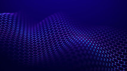 Wall Mural - futuristic purple wave of hexagonal grid on a blue background. the concept of big data. network conn
