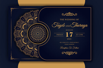 Luxury Mandala Wedding Invitation Card template with golden arabesque pattern Arabic Islamic east background style. Editable vector file. Decorative mandala for print, poster, cover, flyer, banner